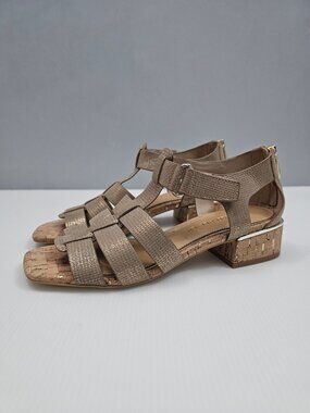 Donald Pliner Faleisha Fisherman Sandal Women 7.5 Light Bronze Leather Cork Heel